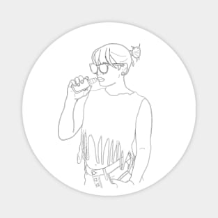 Fashionable girl in glasses smoking vape. Line art. Magnet